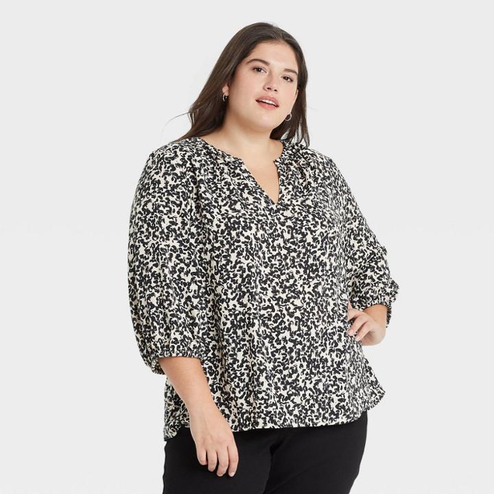 Women's Plus Size Animal Print 3/4 Sleeve Popover Blouse - Ava & Viv Black X
