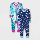 Baby Girls' 2pk Tie-dye Dino Snug Fit Pajama Romper - Cat & Jack Aqua