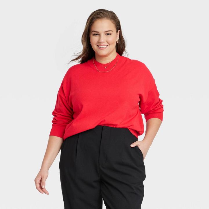 Women's Plus Size Fine Gauge Crewneck Sweater - A New Day Red