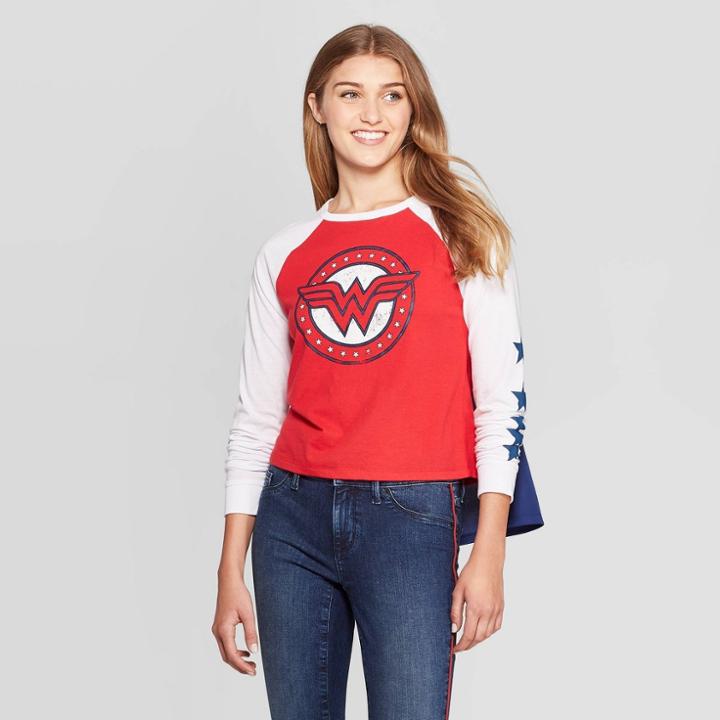 Warner Bros. Women's Wonder Woman Long Sleeve T-shirt (juniors') - Red/white/blue M, Women's,