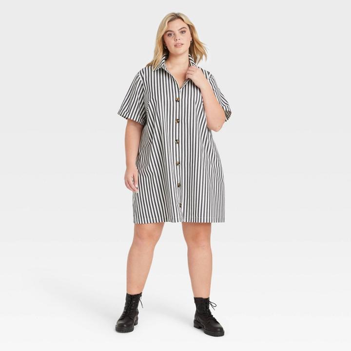 Women's Plus Size Short Sleeve Button-up Trapeze Dress - Who What Wear Beige
