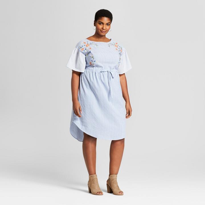 Women's Plus Size Striped Embroidered Shirtdress - Ava & Viv Blue/white X