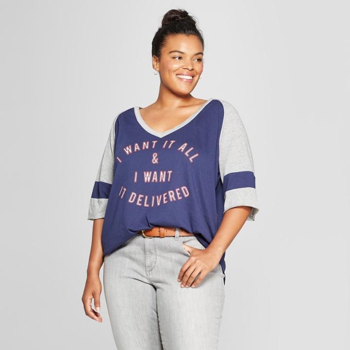 Women's Plus Size 3/4 Sleeve I Want It All & I Want It Delivered Graphic T-shirt - Fifth Sun (juniors') Navy