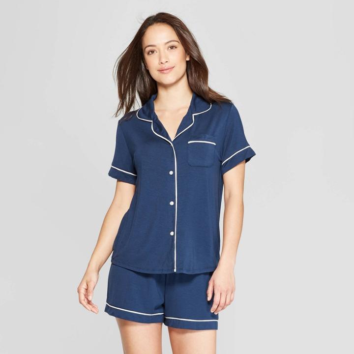 Women's Beautifully Soft Notch Collar Pajama Set - Stars Above Blue