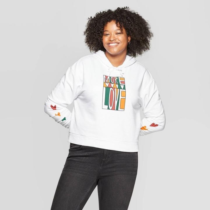 Women's Plus Size Long Sleeve More Love Cropped Graphic Hoodie - Mighty Fine (juniors') - White