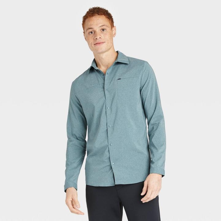 Men's Long Sleeve Button-up T-shirt - All In Motion Emerald Green