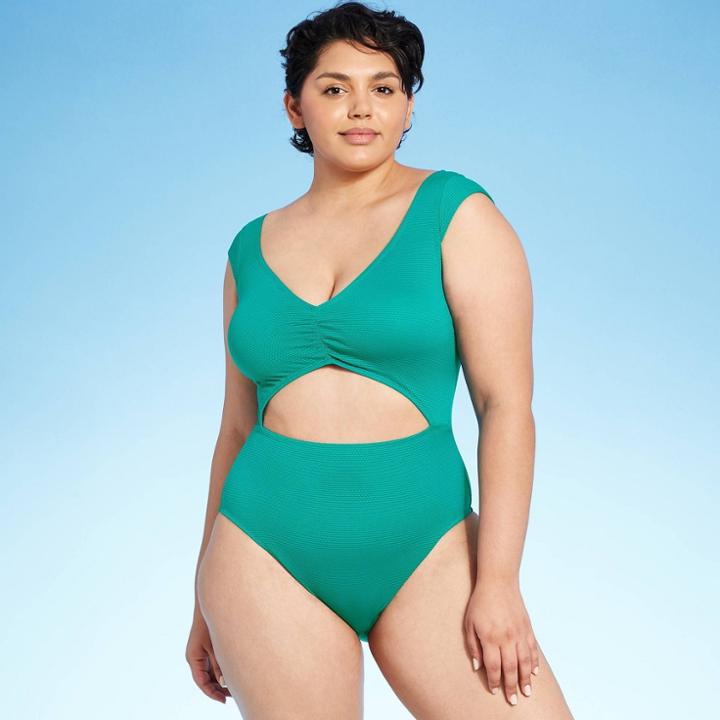 Women's Cap Sleeve Cut Out Textured One Piece Swimsuit - Shade & Shore Waterfall