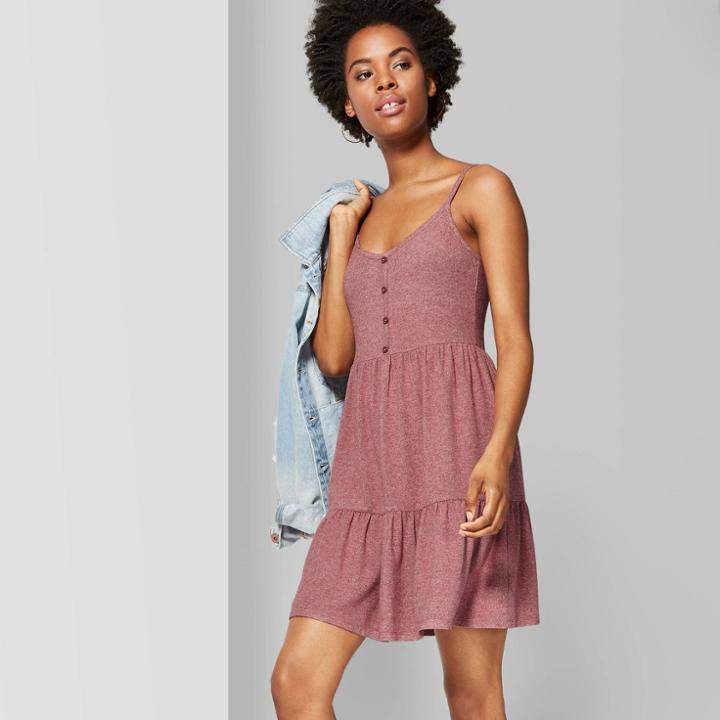Target Women's Strappy Scoop Neck Button-front Tiered Knit Swing Dress - Wild Fable Maroon (red)
