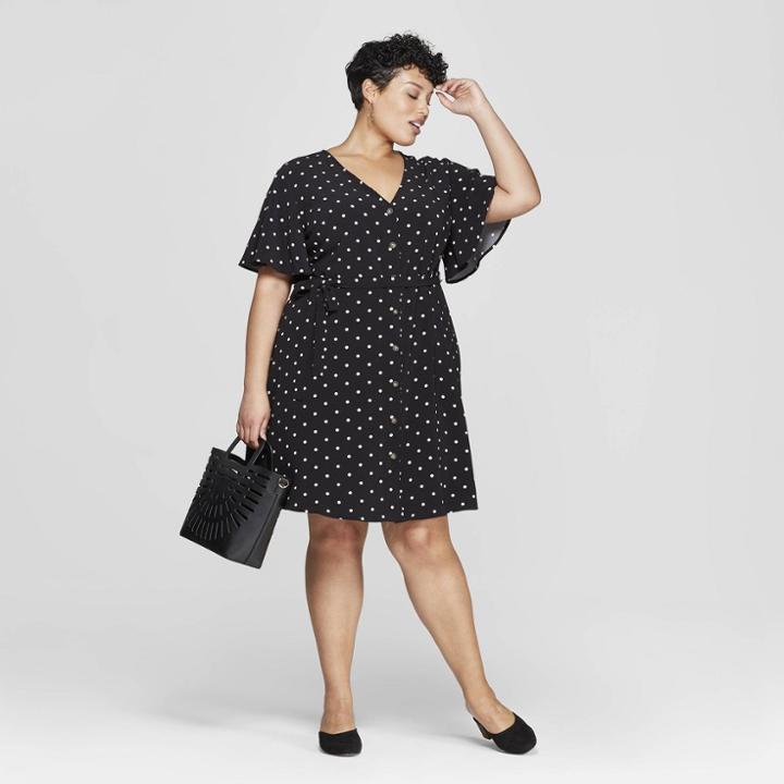Women's Plus Size Polka Dot Button Front Dress - Ava & Viv Black