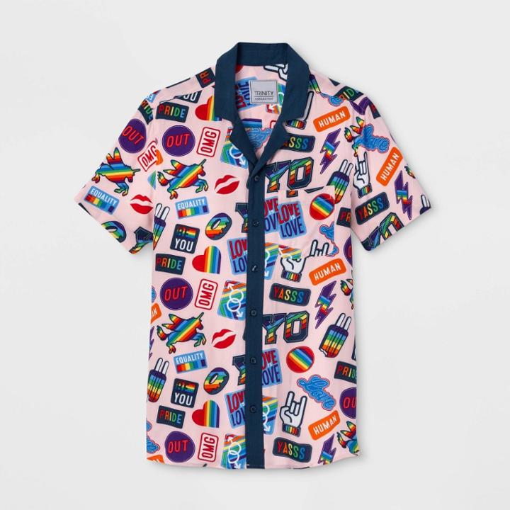 Trinity Collective Pride Gender Inclusive Adult Extended Size Patches Print Button-down Camp Shirt - Pink 1xb, Adult Unisex
