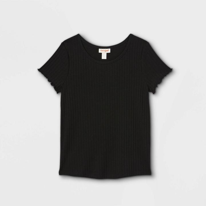 Girls' Rib-knit Printed Short Sleeve Top - Cat & Jack Black