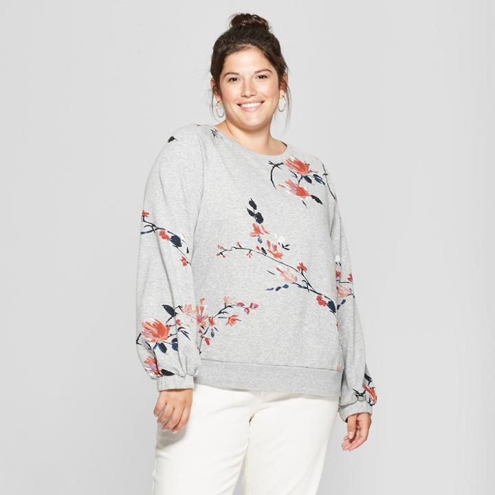 Women's Plus Size Floral Print Balloon Sleeve Pullover - Ava & Viv Gray X