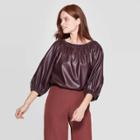 Women's 3/4 Sleeve Shirred Scoop Neck Leather Top - Prologue Brown Xs, Women's, Gray