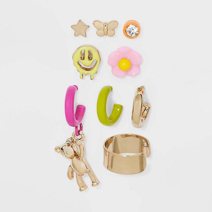 Smiley Butterfly Bear Ear Cuff And Stud Earring Set - Wild Fable , Gold/green/grey