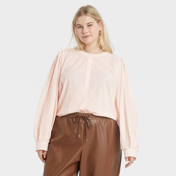 Women's Plus Size Striped Long Sleeve Button-down Femme Top - A New Day Pastel Peach 1x, Pastel Pink