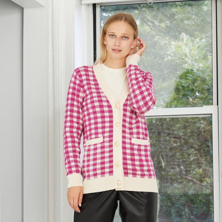 Women's V-neck Check Jacquard Cardigan - Who What Wear Magenta