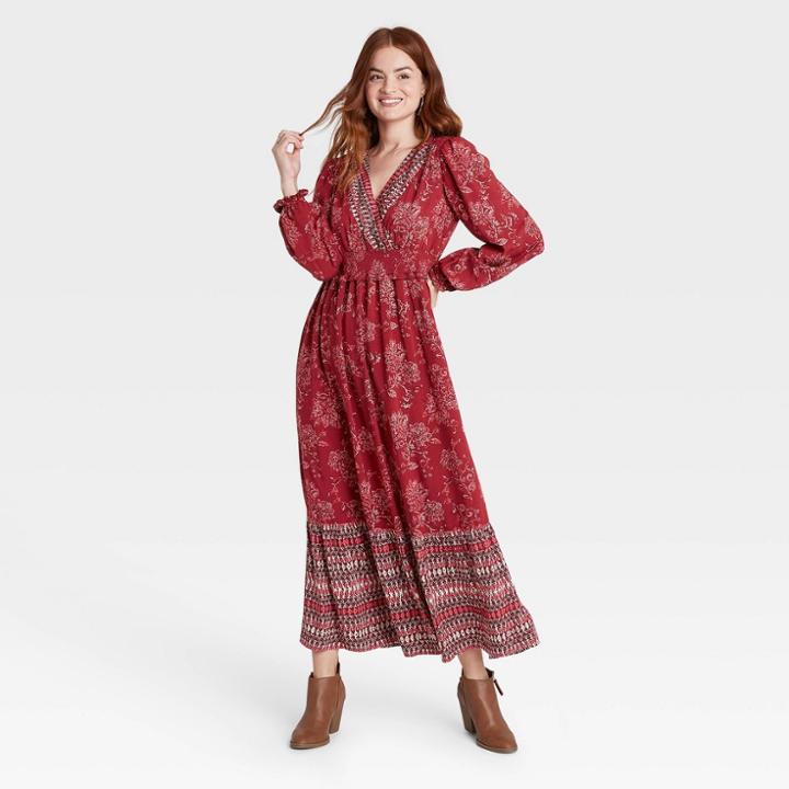 Women's Floral Print Bishop Long Sleeve Dress - Knox Rose Red