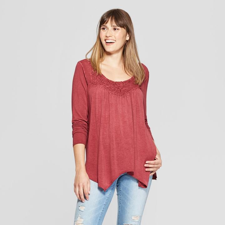 Women's Long Sleeve Open Crochet Blouse - Knox Rose Burgundy (red)