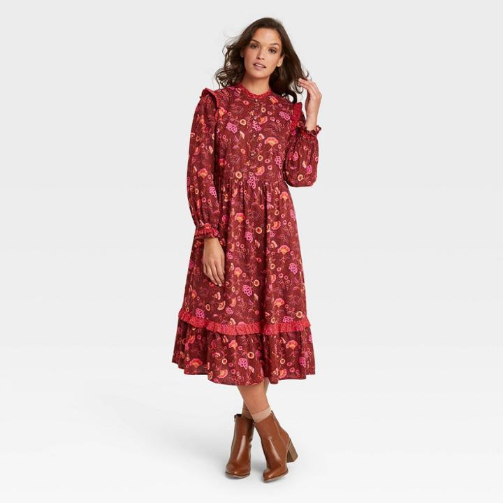Women's Floral Print Balloon Long Sleeve Ruffle Dress - Universal Thread Burgundy