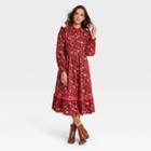 Women's Floral Print Balloon Long Sleeve Ruffle Dress - Universal Thread Burgundy