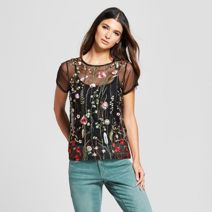 Women's Floral Print Short Sleeve Embroidered Mesh Blouse - Alison Andrews Black
