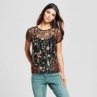 Women's Floral Print Short Sleeve Embroidered Mesh Blouse - Alison Andrews Black