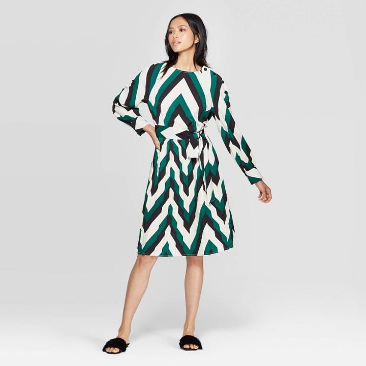 Women's Long Sleeve Crewneck Button Shoulder A Line Mini Dress - Who What Wear White S, Women's,