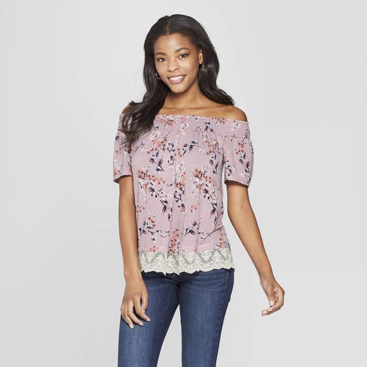Women's Floral Print Short Sleeve Off The Shoulder Knit Top With Lace Trim - Xhilaration Lavender (purple)