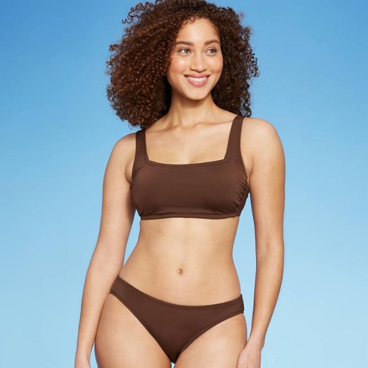 Women's Simple Square Neck Over The Shoulder Bikini Top - Kona Sol Mulberry Brown