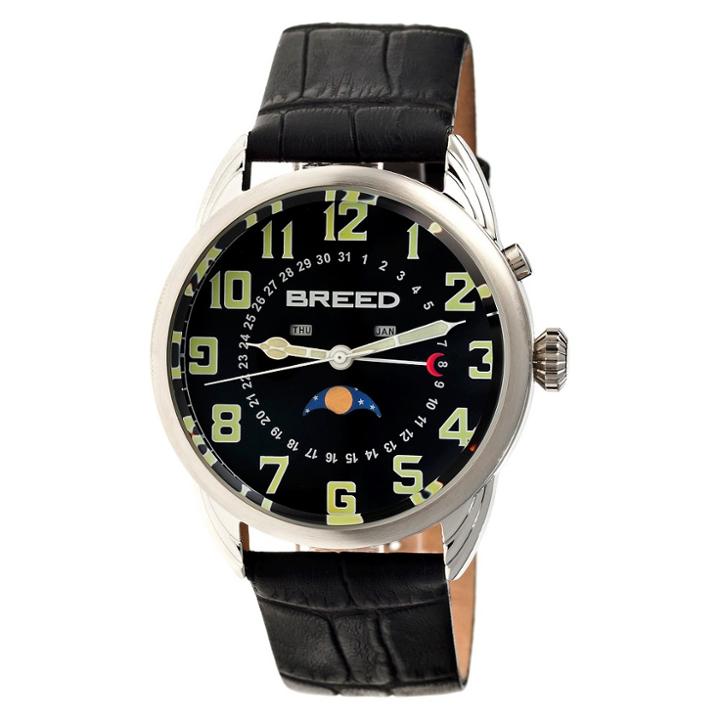Men's Breed Alton Crocodile-embossed Leather Strap Watch With Moon Phase-silver/black,
