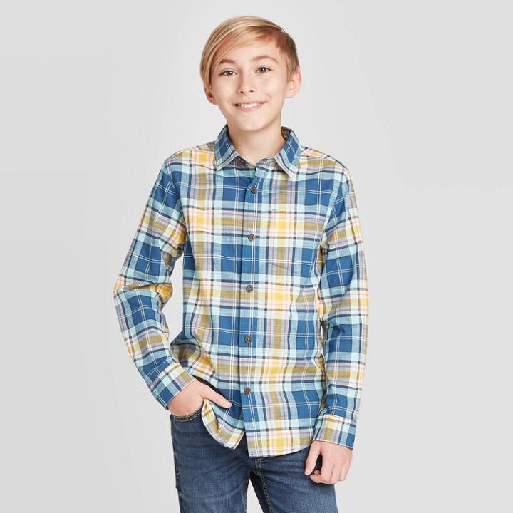 Boys' Long Sleeve Plaid Button-down Shirt - Cat & Jack Blue