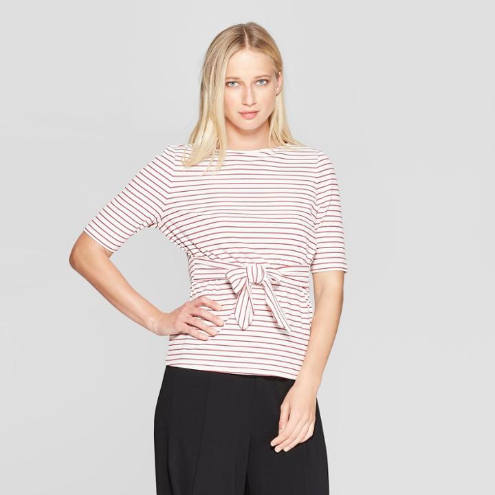Women's Striped Elbow Sleeve Belted Top - Who What Wear Red/white