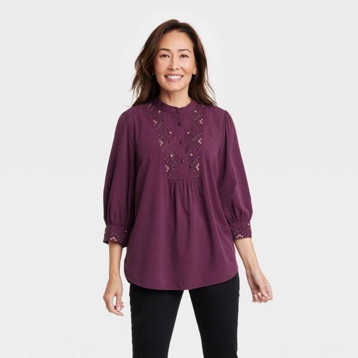 Women's Bishop 3/4 Sleeve Embroidered Blouse - Knox Rose Plum Purple