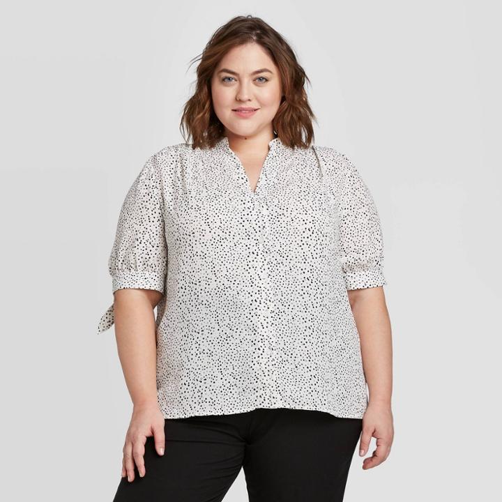 Women's Plus Size Polka Dot Short Sleeve V-neck Button-front Tie Blouse - Ava & Viv White X, Women's