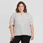 Women's Plus Size Polka Dot Short Sleeve V-neck Button-front Tie Blouse - Ava & Viv White X, Women's