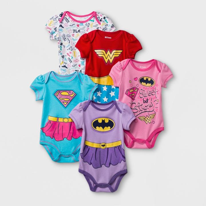Baby Girls' Dc Comics 5pk Supergirl/wonder Woman/batgirl Bodysuit - Pink/yellow