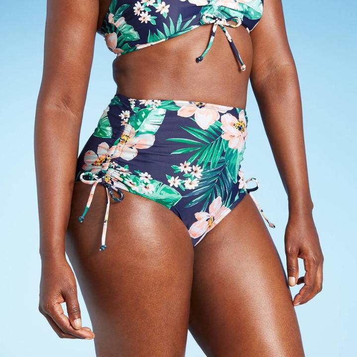 Kona Sol Women's Shirred Side-tie High Waist High Coverage Sea Breeze Bikini Bottom - Kona