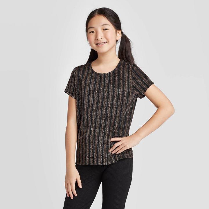 Petitegirls' Short Sleeve Metallic Knit Top - Art Class Black Xs, Girl's,