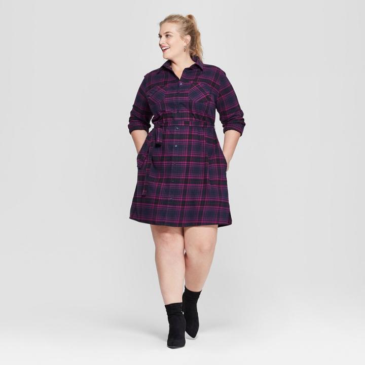 Women's Plus Size Plaid Flannel Shirt Dress - Ava & Viv Navy X, Blue