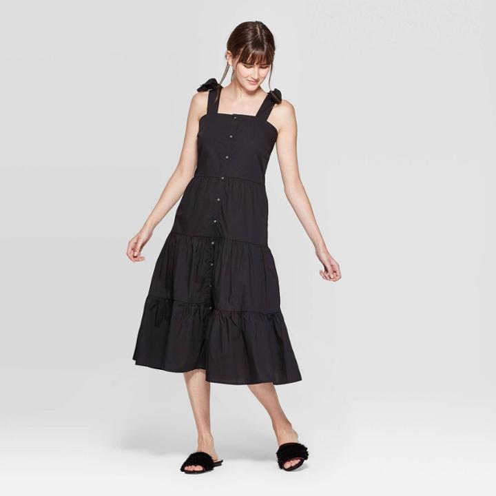 Women's Sleeveless Square Neck Tiered Button Front A Line Midi Dress - Who What Wear Jet Black