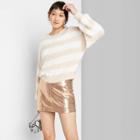 Women's Striped Long Sleeve Crewneck Fuzzy Sweater - Wild Fable Beige/white