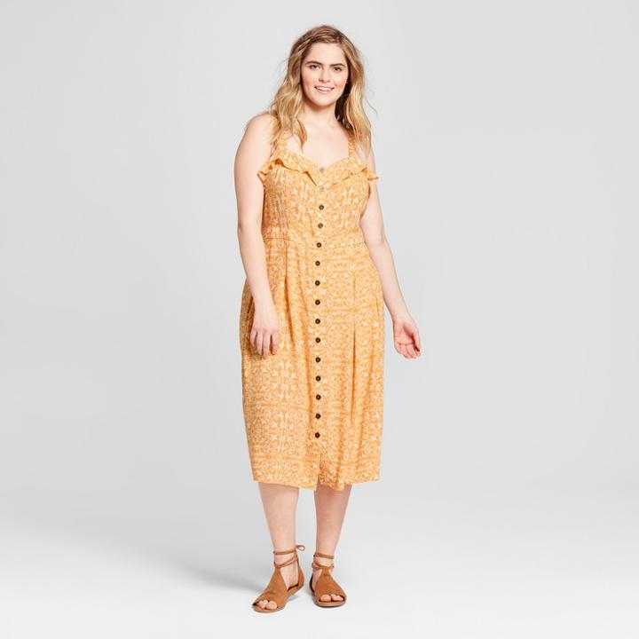 Women's Plus Size Floral Print Button Front Midi Sundress- Xhilaration Yellow X