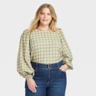 Women's Plus Size Plaid Crewneck Balloon Long Sleeve Flannel Blouse - Ava & Viv Green X