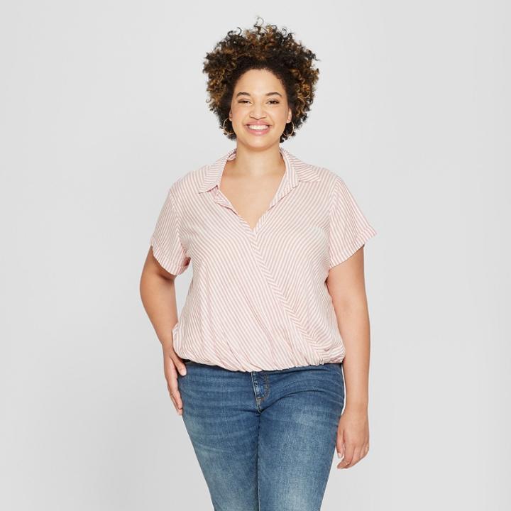 Women's Plus Size Striped Wrap Front Short Sleeve Top - Universal Thread Red X