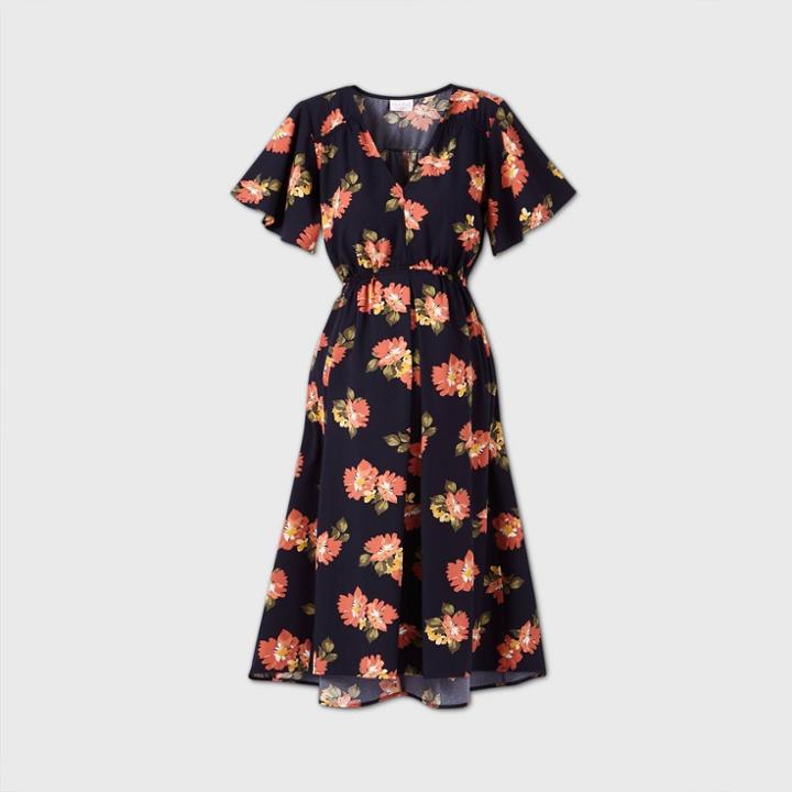 Floral Print Short Sleeve Woven Maternity Dress - Isabel Maternity By Ingrid & Isabel Navy