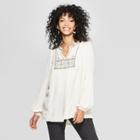 Women's Long Sleeve V-neck Embroidered Peasant Top - Knox Rose Ivory