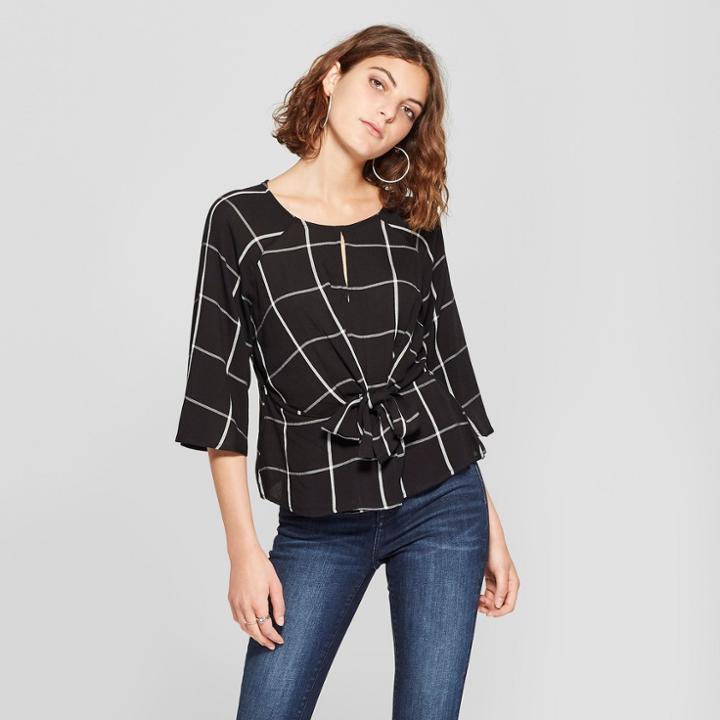 Women's Plaid 3/4 Sleeve Knot Front Top - 3hearts (juniors') Black/ivory Xl,