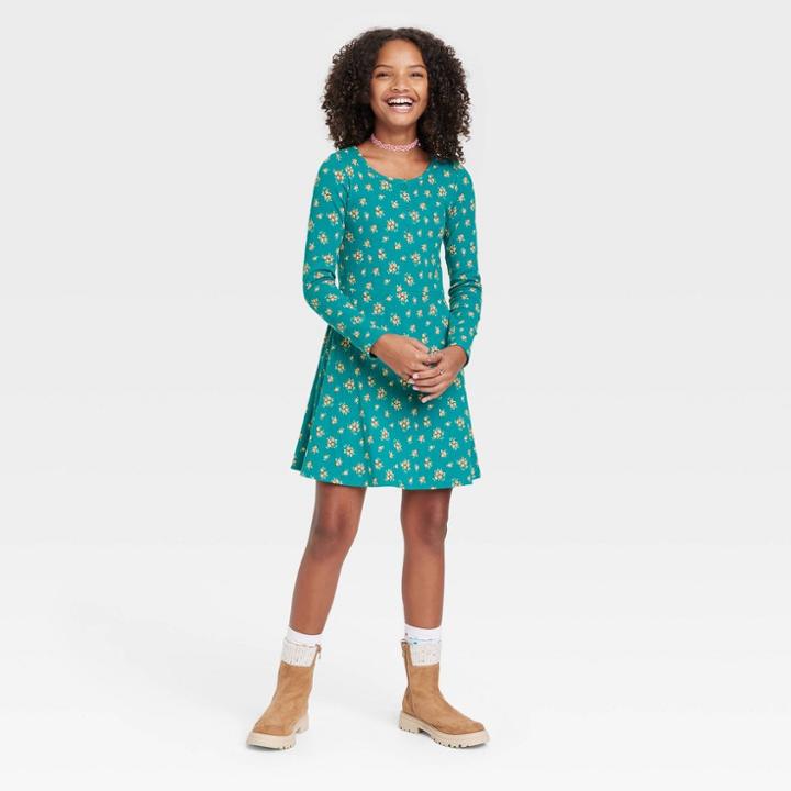 Girls' Henley Long Sleeve Knit Dress - Art Class Green Floral