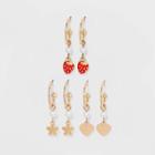 Heart Butterfly And Strawberry Charm Hoop Earring Set 3pc - Wild Fable Gold