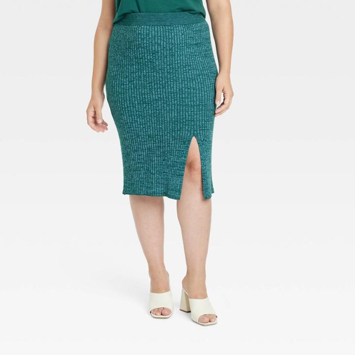 Women's Plus Size Ribbed Sweater Skirt - Ava & Viv Teal Blue X
